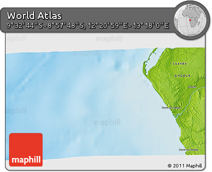 Physical 3D Map of the Area around 9° 15' 16" S, 12° 49' 29" E