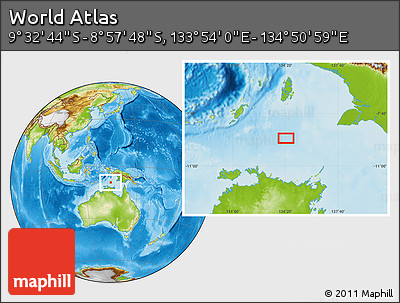 Physical Location Map of the Area around 9° 15' 16" S, 134° 22' 30" E