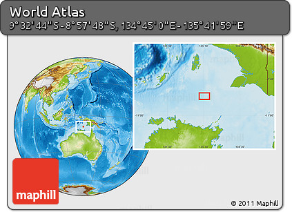 Physical Location Map of the Area around 9° 15' 16" S, 135° 13' 29" E