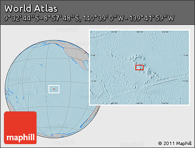 Gray Location Map of the Area around 9° 15' 16" S, 140° 10' 30" W, hill shading