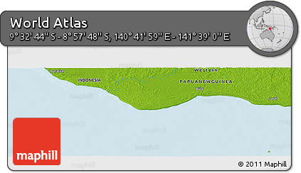Physical Panoramic Map of the Area around 9° 15' 16" S, 141° 10' 30" E