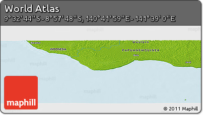 Physical Panoramic Map of the Area around 9° 15' 16" S, 141° 10' 30" E