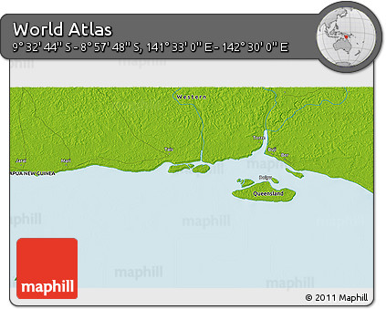 Physical 3D Map of the Area around 9° 15' 16" S, 142° 1' 30" E