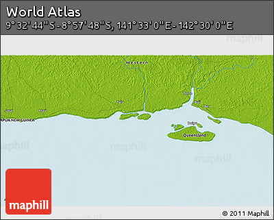 Physical 3D Map of the Area around 9° 15' 16" S, 142° 1' 30" E