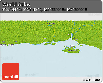 Physical 3D Map of the Area around 9° 15' 16" S, 142° 1' 30" E