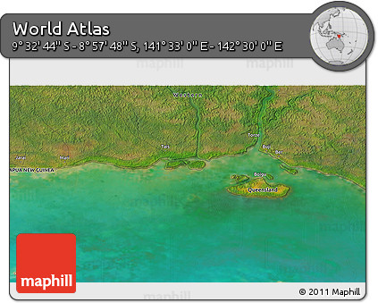 Satellite 3D Map of the Area around 9° 15' 16" S, 142° 1' 30" E
