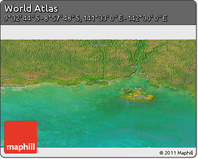 Satellite 3D Map of the Area around 9° 15' 16" S, 142° 1' 30" E