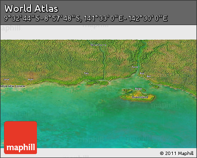 Satellite 3D Map of the Area around 9° 15' 16" S, 142° 1' 30" E