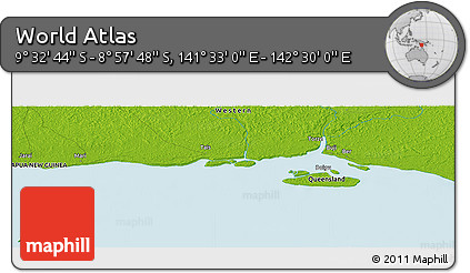 Physical Panoramic Map of the Area around 9° 15' 16" S, 142° 1' 30" E