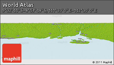 Physical Panoramic Map of the Area around 9° 15' 16" S, 142° 1' 30" E