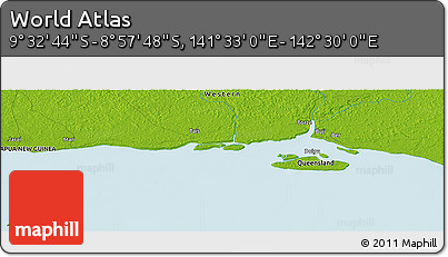 Physical Panoramic Map of the Area around 9° 15' 16" S, 142° 1' 30" E