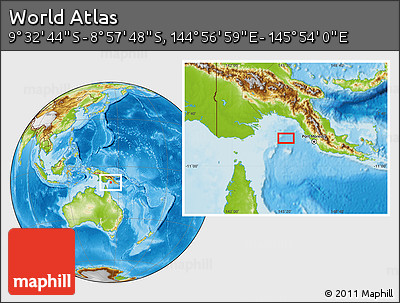 Physical Location Map of the Area around 9° 15' 16" S, 145° 25' 30" E