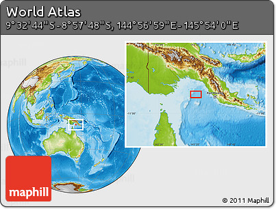 Physical Location Map of the Area around 9° 15' 16" S, 145° 25' 30" E