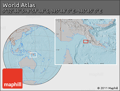 Gray Location Map of the Area around 9° 15' 16" S, 146° 16' 30" E, hill shading