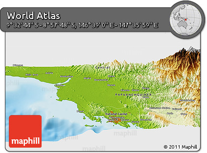 Physical Panoramic Map of the Area around 9° 15' 16" S, 147° 7' 30" E