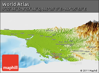 Physical Panoramic Map of the Area around 9° 15' 16" S, 147° 7' 30" E