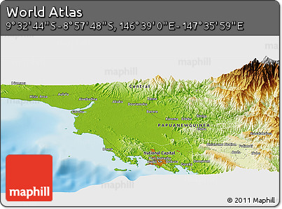 Physical Panoramic Map of the Area around 9° 15' 16" S, 147° 7' 30" E