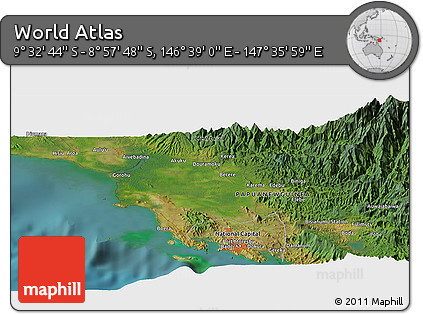 Satellite Panoramic Map of the Area around 9° 15' 16" S, 147° 7' 30" E