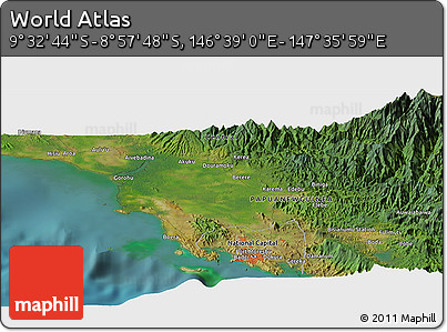 Satellite Panoramic Map of the Area around 9° 15' 16" S, 147° 7' 30" E