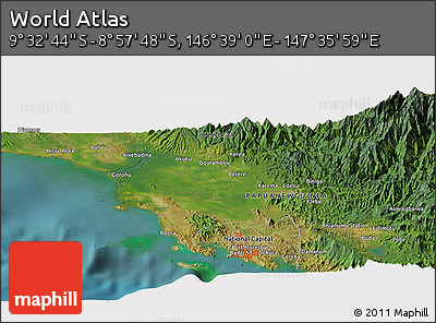 Satellite Panoramic Map of the Area around 9° 15' 16" S, 147° 7' 30" E