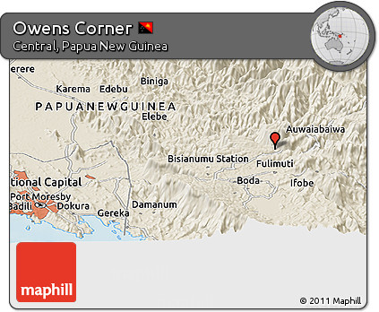 Shaded Relief Panoramic Map of Owens Corner