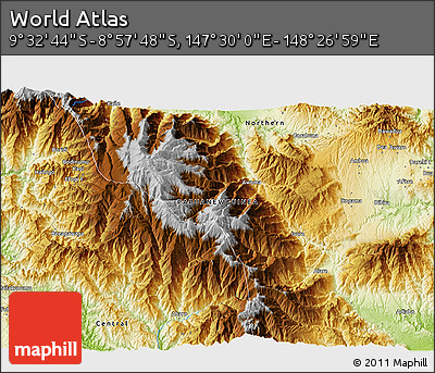 Physical 3D Map of the Area around 9° 15' 16" S, 147° 58' 29" E