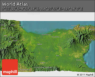 Satellite 3D Map of the Area around 9° 15' 16" S, 148° 49' 29" E