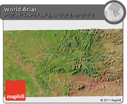 Satellite 3D Map of the Area around 9° 15' 16" S, 14° 31' 30" E