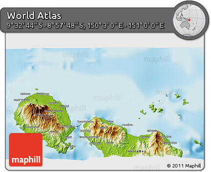 Physical 3D Map of the Area around 9° 15' 16" S, 150° 31' 30" E