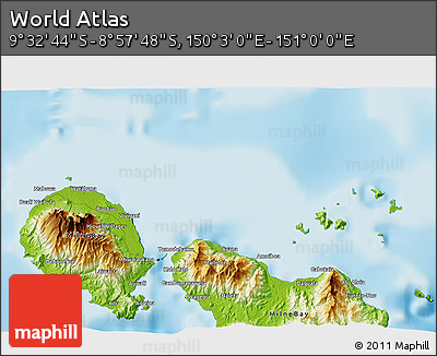 Physical 3D Map of the Area around 9° 15' 16" S, 150° 31' 30" E
