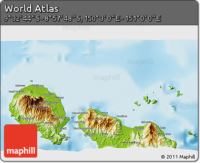 Physical 3D Map of the Area around 9° 15' 16" S, 150° 31' 30" E