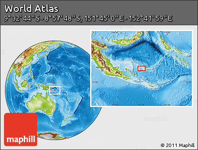Physical Location Map of the Area around 9° 15' 16" S, 152° 13' 29" E