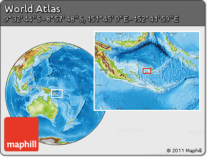 Physical Location Map of the Area around 9° 15' 16" S, 152° 13' 29" E