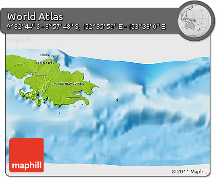 Physical 3D Map of the Area around 9° 15' 16" S, 153° 4' 29" E