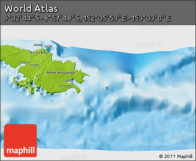 Physical 3D Map of the Area around 9° 15' 16" S, 153° 4' 29" E
