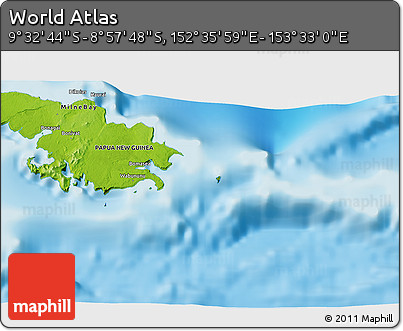 Physical 3D Map of the Area around 9° 15' 16" S, 153° 4' 29" E