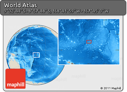 Shaded Relief Location Map of the Area around 9° 15' 16" S, 168° 13' 29" W
