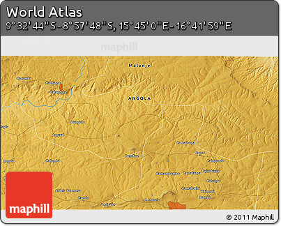 Physical 3D Map of the Area around 9° 15' 16" S, 16° 13' 30" E