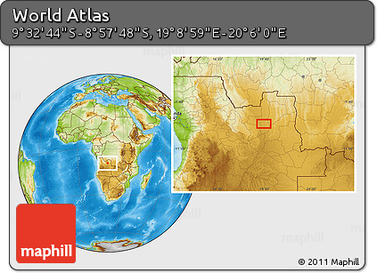 Physical Location Map of the Area around 9° 15' 16" S, 19° 37' 30" E