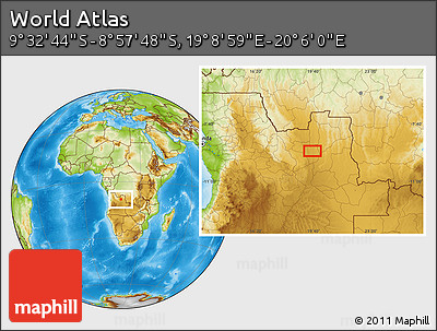 Physical Location Map of the Area around 9° 15' 16" S, 19° 37' 30" E