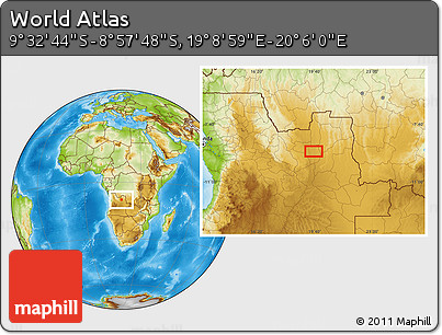 Physical Location Map of the Area around 9° 15' 16" S, 19° 37' 30" E
