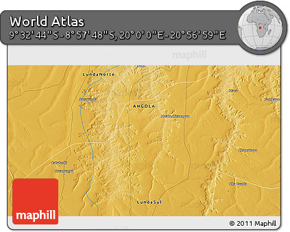 Physical 3D Map of the Area around 9° 15' 16" S, 20° 28' 30" E