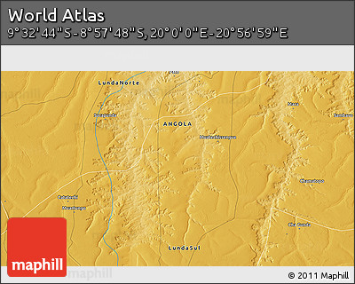 Physical 3D Map of the Area around 9° 15' 16" S, 20° 28' 30" E