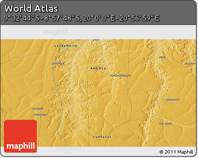 Physical 3D Map of the Area around 9° 15' 16" S, 20° 28' 30" E