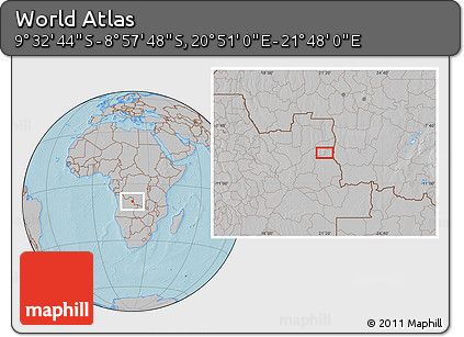 Gray Location Map of the Area around 9° 15' 16" S, 21° 19' 30" E, hill shading