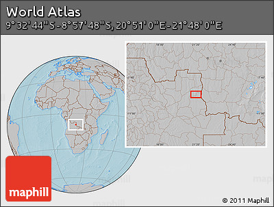 Gray Location Map of the Area around 9° 15' 16" S, 21° 19' 30" E, hill shading