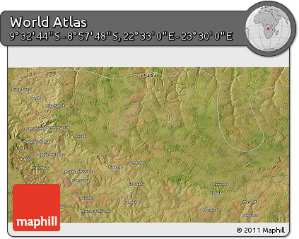 Satellite 3D Map of the Area around 9° 15' 16" S, 23° 1' 29" E