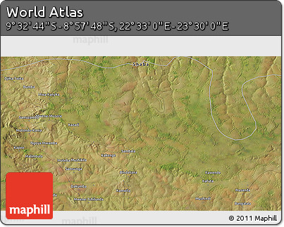 Satellite 3D Map of the Area around 9° 15' 16" S, 23° 1' 29" E