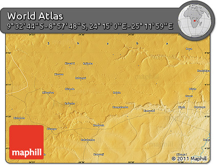 Physical Map of the Area around 9° 15' 16" S, 24° 43' 30" E