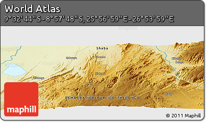 Physical Panoramic Map of the Area around 9° 15' 16" S, 26° 25' 29" E